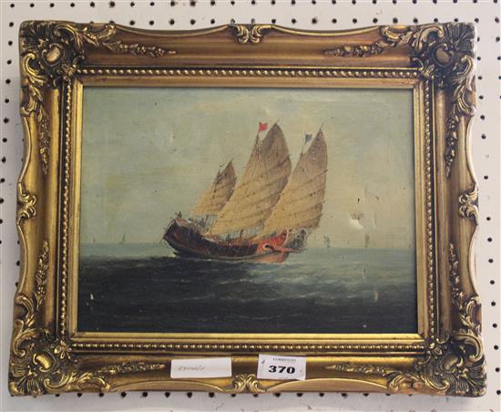 19th century Chinese oil of a junk(-)